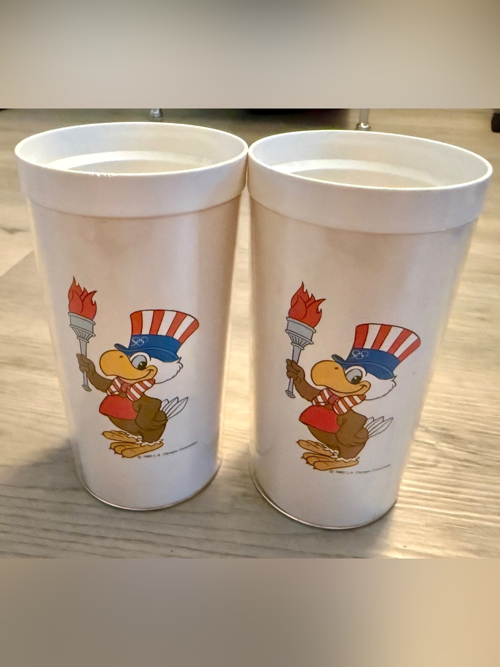 (2) Rare 1984 Los Angeles Olympics Plastic Cups XXIIIrd Olympiad Sam The Eagle